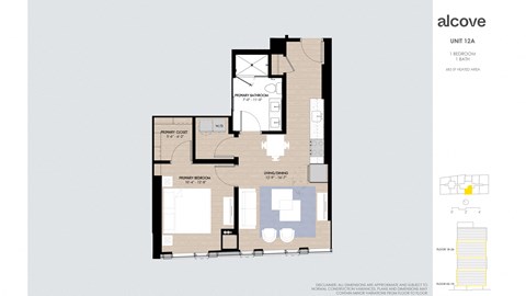 Floor plan for 1 bed, 1 bath, 683 sqft